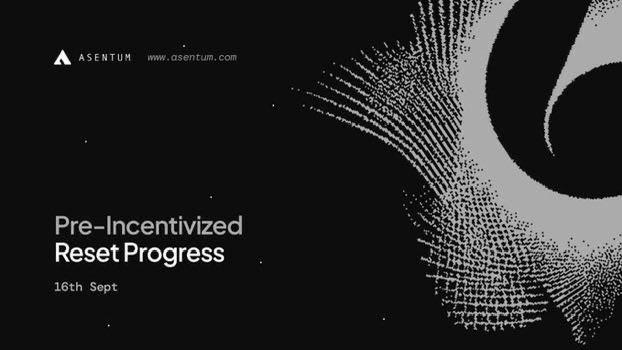 A black promotional graphic for 'ASENTUM' displaying 'Pre-Incentivized Reset Progress' dated '16th Sept' with abstract white line art.