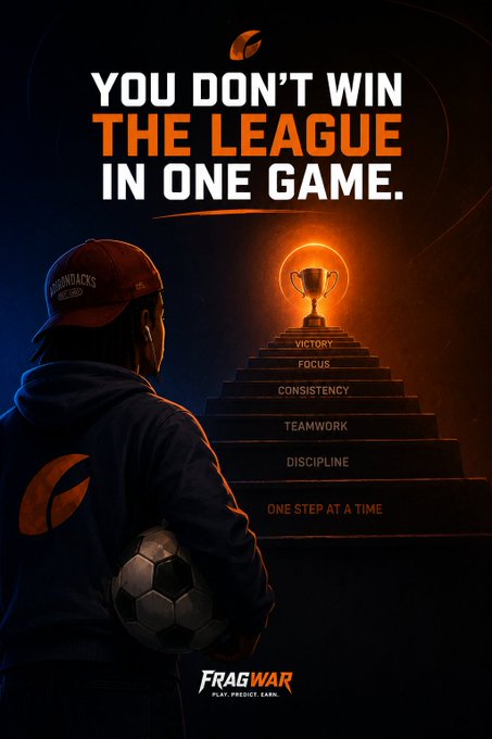 Motivational gaming poster titled 'FRAGWAR' with text 'YOU DON'T WIN THE LEAGUE IN ONE GAME' featuring a figure ascending stairs labeled with Victory, Focus, Consistency, Teamwork, and Discipline.