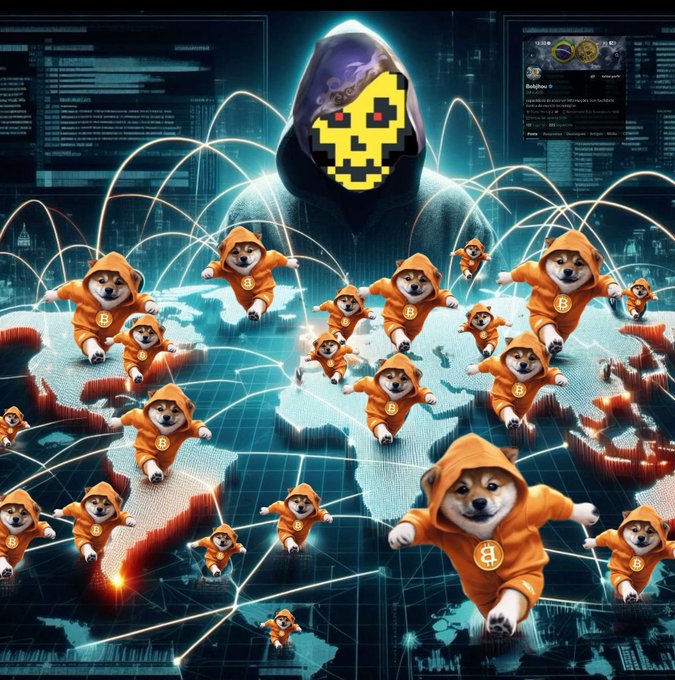 The image shows a graphic of dogs dressed as soldiers marching across a map, with different colored dogs representing various countries. The caption reads "GMHK $DOG Army is ON GOD BLESS ALL OF US ON MONDAY 11.05.26". This post promotes GMHK's army and the idea that they protect people from evil forces such as hackers who might try to steal Bitcoin.