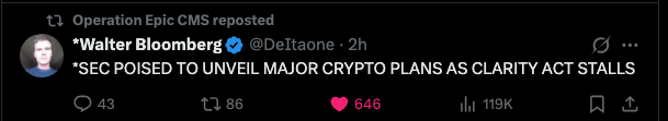 Screenshot of a tweet by Walter Bloomberg (@DeItaone) reposted by Operation Epic CMS, reading 'SEC POISED TO UNVEIL MAJOR CRYPTO PLANS AS CLARITY ACT STALLS' with 646 likes and 119K views.