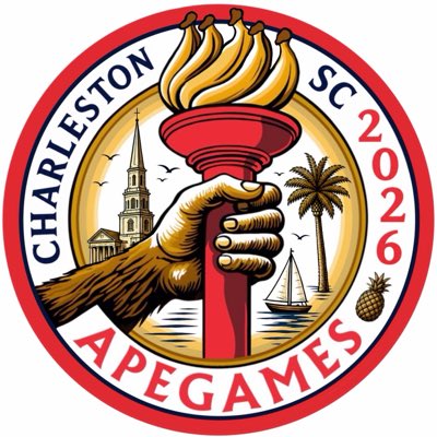 A circular logo for the 'CHARLESTON SC 2026 APEGAMES' featuring an illustration of a hand holding a torch with flames, a church steeple, a palm tree, a sailboat, and a pineapple.
