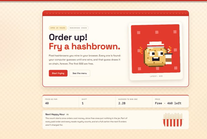 A promotional webpage invites users to "Order up! Fry a hashbrown" on Robinhood Chain, with pixel hashbrowns mining in your browser where the first 500 win free items; the page shows 40 hashbrowns fried so far, 1 shift, 2.28 guessed to win one, and 460 left at free, matching the post's update that 40 hashbrowns have been mined.