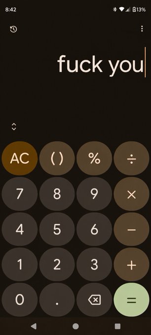 Android calculator app screenshot with 'fuck you' typed into the display.