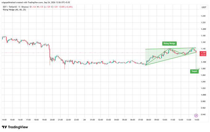 A TradingView candlestick chart for the cryptocurrency DOT/USDT on Binance, showing a 5-minute timeframe, with annotations for a "Rising Wedge" pattern and a target price.