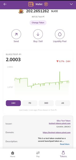 A mobile screenshot of a Pi Testnet DEX wallet shows the SLICE token balance of 202.2651262 (valued at 407.01 Test-Pi) along with options to Send, Buy/Sell, and access Liquidity Pool. A 24-hour price chart displays SLICE/TEST-PI trading at 2.0003, down 0.7%, illustrating the new live price chart feature mentioned in the update.