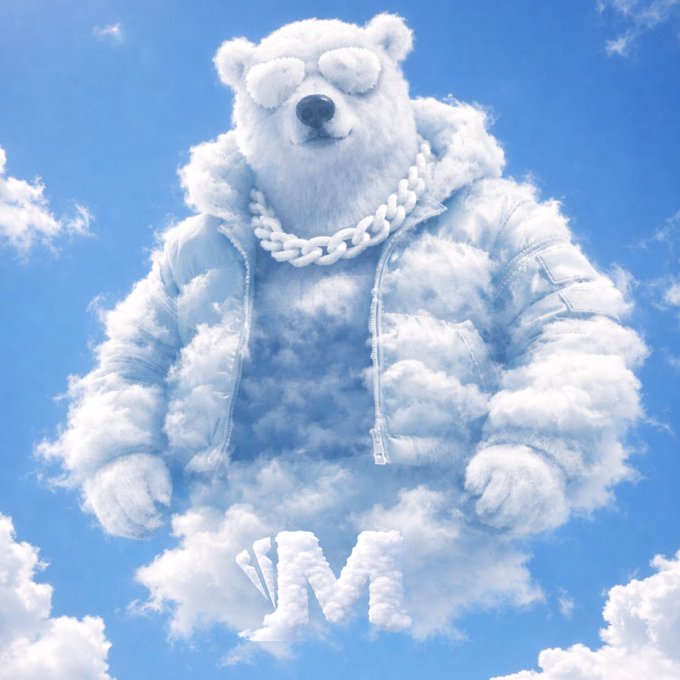 A surreal image of a white polar bear wearing sunglasses and a chain necklace, with its body formed from clouds against a blue sky, and a cloud-shaped 'M' logo below.