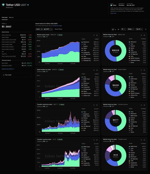 A Token Terminal dashboard for Tether USD (USDT) stablecoin showing price of $0.9993, market cap of $163.9B, and various analytics including market share, assets, and volume charts.