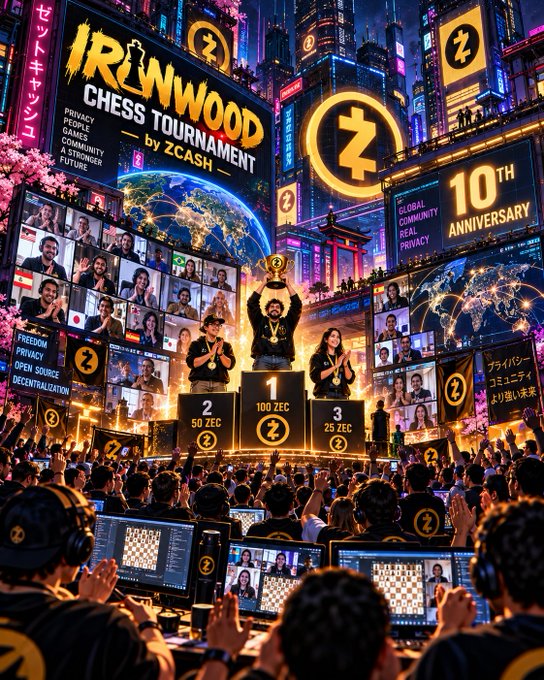 A brightly lit futuristic city scene advertises the “IRUNWOOD CHESS TOURNAMENT by ZCASAM,” with chess screens, a trophy ceremony, and a crowd.