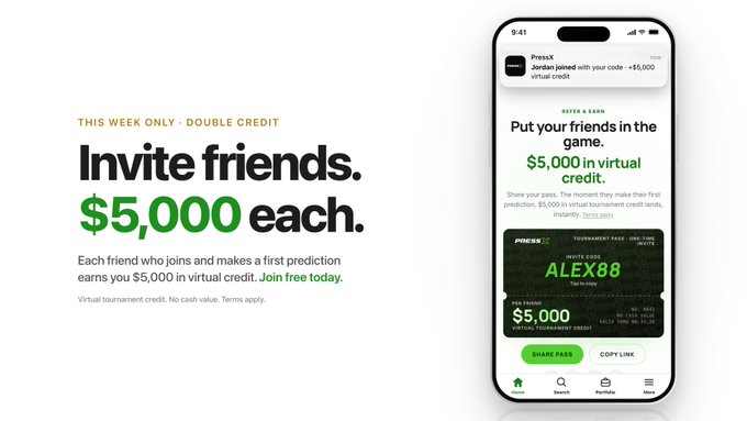 The image is a promotional advertisement for PressX.com's "Invite a Friend" referral program, featuring bold text "Invite friends. $5,000 each" alongside a mobile app screen showing a referral code for "Jordan" and a tournament pass for "ALEX88" with "$5,000 IN TOURNAMENT CREDIT." The ad highlights a limited-time double credit offer, reinforcing the post's message about earning $5,000 in virtual credits for each friend who joins and makes a first prediction.