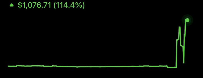 A green line chart on a black background shows a sudden spike upward, with a gain displayed at the top reading '$1,076.71 (114.4%)'.