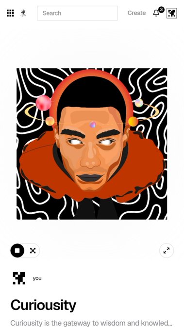 A digital artwork titled "Curiosity" features a stylized portrait of a figure with a glowing third eye, surrounded by an orange aura and colorful planetary orbs against a black background with white swirling patterns, posted by user "you" about an auction with 23 hours remaining.