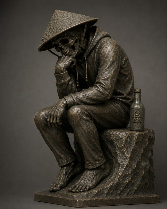 A dark bronze sculpture of a skeleton wearing a conical Asian hat and hoodie, sitting in a contemplative pose on a rock with a glass bottle beside it.