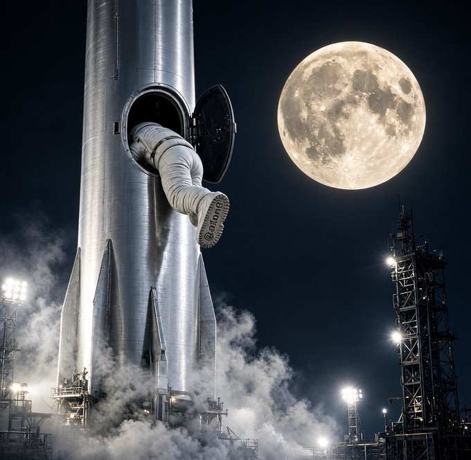 An astronaut steps out of a rocket hatch with text 'protectthe' and 'spiritof' visible on the soles of their boots, set against a large full moon at night.