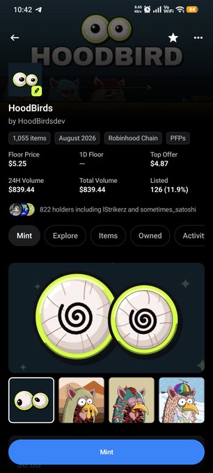 An NFT marketplace page for the HoodBirds collection by HoodBirdsdev on Robinhood Chain, showing 1,055 items with a floor price of 5.25, top offer of 4.87, and 822 holders.