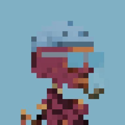 Pixel art of a knight character wearing a red and blue outfit with a horned helmet against a light blue background.