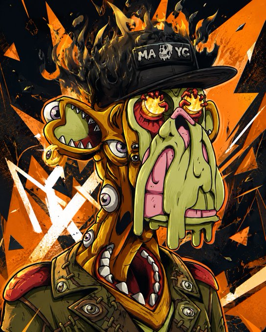 A stylized, grotesque illustration of a green-skinned figure wearing a black cap reading 'MA❤YG' engulfed in flames, set against a chaotic orange background with multiple eyes and mouths.