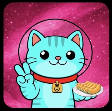A cartoon illustration of a turquoise cat wearing an astronaut helmet and a red collar with a peace-sign tag, making a peace sign and holding a plate of dumplings against a pink cosmic background.
