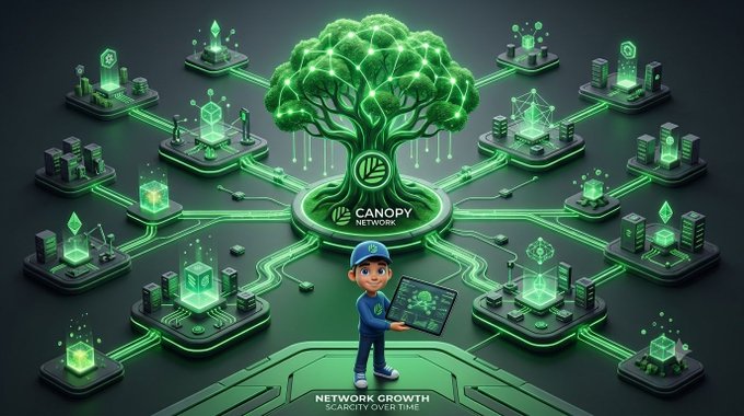 An isometric 3D illustration of a glowing green digital tree labeled 'Canopy Network' representing networking and scarcity over time, with a cartoon character holding a screen.