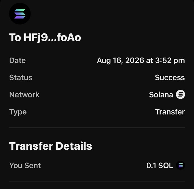 A Solana transaction confirmation showing 0.1 SOL sent to address "HFj9...foAo" on Aug 16, 2026, with a "Success" status—matching the post's claim of sending SOL as a reward.