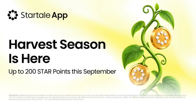 A promotional banner for the Startale App's "Harvest Season" campaign, featuring the StarTale App logo and text announcing "Up to 200 STAR Points this September," alongside an illustration of green vines with gold STAR coin ornaments, directly promoting the September 17-30 event where users can earn STAR Points by completing activities like exchanging ETH for USDSC on Soneium.