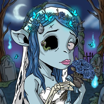 A stylized blue-skinned undead bride with glowing blue butterflies in her hair holds a bouquet of dark roses in a moonlit graveyard, featuring a tombstone partially reading "Rest in peace" — fitting the spooky, whimsical art contest aesthetic for the Goats of Solana entry.