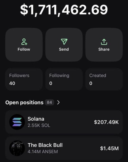 A crypto wallet interface showing a balance of $1,711,462.69, with 40 followers and open positions including Solana ($207.49K) and The Black Bull/ANSEM ($1.45M).