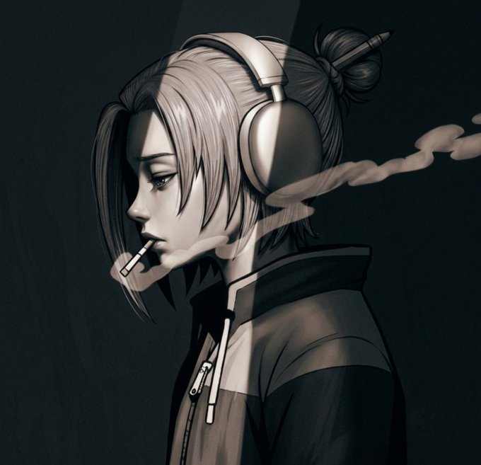 A grayscale anime-style illustration of a young man with a top knot hairstyle wearing large headphones and smoking a cigarette.