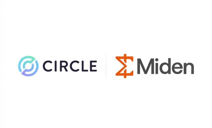 The image displays the logos of "Circle" and "Miden" side by side, with Circle's blue circular emblem next to its name and Miden's orange symbol paired with its name. This visual aligns with the post about Miden's PriFi approach, highlighting how Circle's USDC (represented by the Circle logo) could be used as a private stablecoin (USDCx) on Miden's privacy-focused blockchain, enabling confidential transactions with optional compliance disclosure.