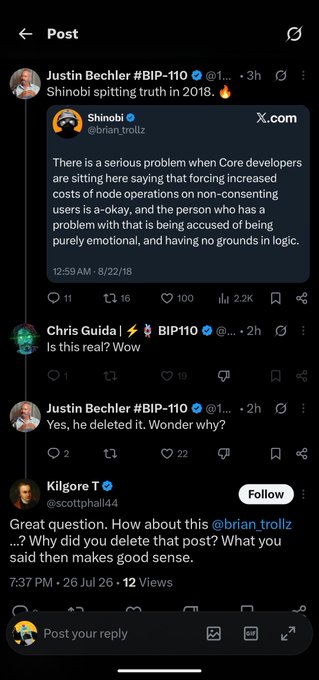 A Twitter/X post thread by Justin Bechler showing a 2018 tweet from Shinobi (@brian_trollz) criticizing Core developers, with replies from Chris Guida, Justin Bechler, and Kilgore Trout questioning why the post was deleted.
