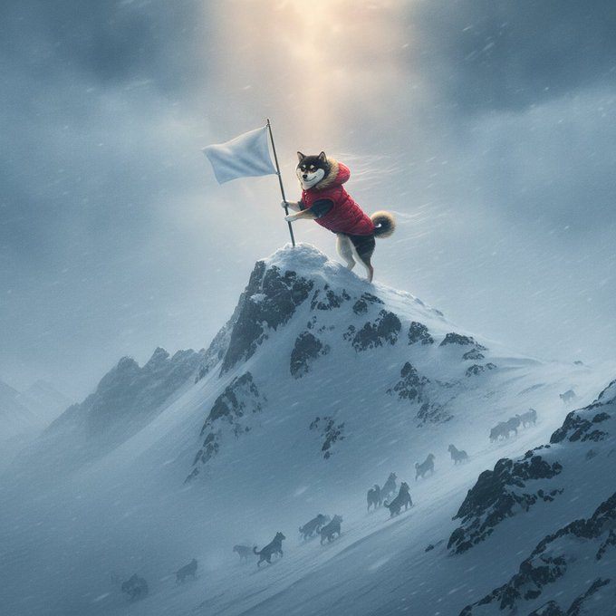 A Shiba Inu dog wearing a red puffer jacket stands triumphantly on a snowy mountaintop, planting a white flag, as other dogs ascend the slope below. This image illustrates the "steady accumulation" and upward trend mentioned for "$MANYU" in the accompanying post.