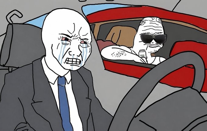 A Wojak-style cartoon drawing showing a bald man in a suit crying while driving, as a muscular sunglasses-wearing figure appears in the rearview mirror.
