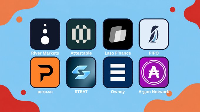 A grid of 8 app/game icons including River Markets, Attestable, Laso Finance, PIPO, perp.so, STRAT, Owney, and Argon Network on a blue and red background.