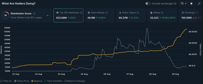 A cryptocurrency analytics dashboard titled 'What Are Holders Doing?' showing a 7-day chart with metrics including Top 100 Addresses (633.66M), Smart Money (49.9M), Public Figure (80.37M), Whale (33,423), and Exchange (100.06M) balances, tracking token price over August 22-29.