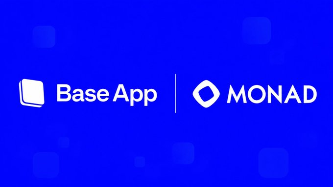 The image displays a blue banner featuring the "Base App" and "MONAD" logos side by side, separated by a vertical line, representing the newly announced integration that allows users to send, receive, swap, and explore Monad ecosystem tokens directly within the Base App.