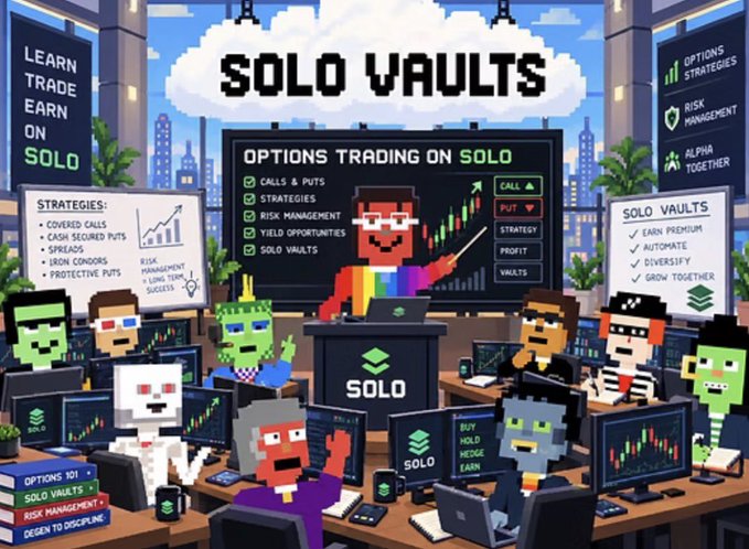 A pixel art illustration for 'SOLO VAULTS' depicting a classroom of zombie-like characters learning about options trading, with a teacher pointing to a chart.