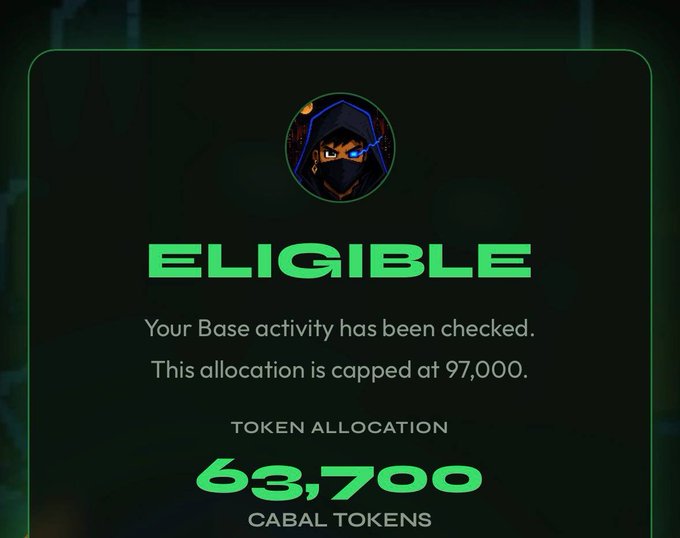 A digital card displays 'ELIGIBLE' with a hooded character avatar, stating 'Your Base activity has been checked. This allocation is capped at 97,000.' with a token allocation of 63,700 CABAL TOKENS.