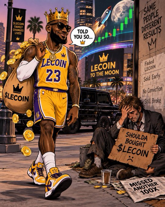 A cartoon-style illustration featuring a figure resembling LeBron James in a yellow 'LECOIN 23' jersey walking past a beggar holding a sign reading 'SHOULDA BOUGHT $LECOIN', with a building displaying 'LECOIN TO THE MOON'.