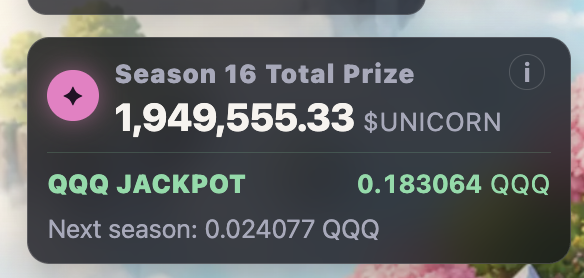 A digital display shows a 'Season 16 Total Prize' of 1,949,555.33 $UNICORN, with a 'QQQ JACKPOT' of 0.183064 QQQ and 'Next season: 0.024077 QQQ'.