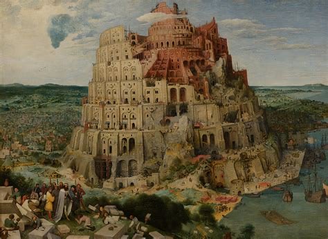 A grand, multi-tiered tower dominates the center of a bustling landscape, with a massive crowd gathered at its base and boats navigating the surrounding waters. The painting is identified as "The Tower of Babel" by Pieter Bruegel the Elder, depicting the biblical story of humanity's ambitious attempt to reach the heavens—fitting for a "Hold up" moment as the towering structure overwhelms the scene below.