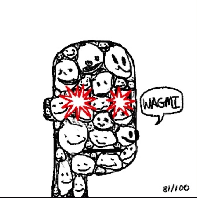 A crude black-and-white drawing of a blocky figure composed of densely packed smiling faces with two large red starburst eyes says "WAGMI" in a speech bubble, with "81/100" inscribed below — capturing the bittersweet optimism of the post about the rough patch endured while waiting on Bitcoin Ordinals.