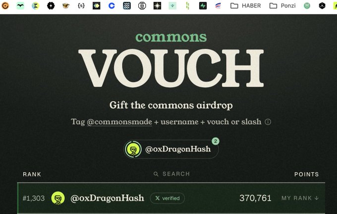 A dark-themed 'commons VOUCH' webpage displaying a leaderboard for the @oxDragonHash user with a rank of #1,303 and 370,761 points.