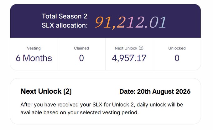 The image displays a Solstice Season 2 SLX token allocation dashboard showing a total of 91,212.01 SLX with a 6-Month Vesting plan, 0 tokens claimed, and a Next Unlock (2) of 4,957.17 SLX scheduled for 20th August 2026. This aligns with the post about registering for Solstice S2 via claim.solstice.finance, confirming the chosen vesting plan and pending token unlocks.