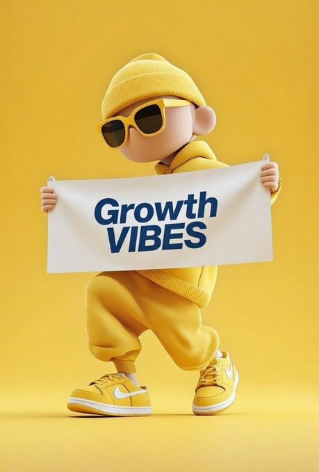 A 3D-rendered character wearing a yellow beanie, sunglasses, and sneakers walks against a yellow background while holding a sign that reads "Growth VIBES".