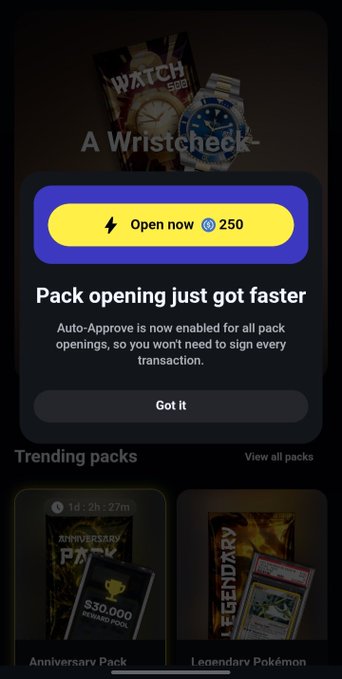 Mobile app screenshot showing a 'Wristcheck' pop-up with an 'Open now 250' button and text 'Pack opening just got faster', with 'Trending packs' below including 'Anniversary Pack' and 'Legendary Pokémon'.