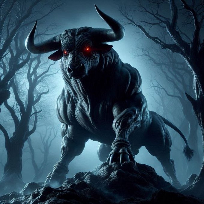 A dark, dramatic digital illustration of a muscular bull with glowing red eyes standing on rocky terrain in a misty, eerie forest.