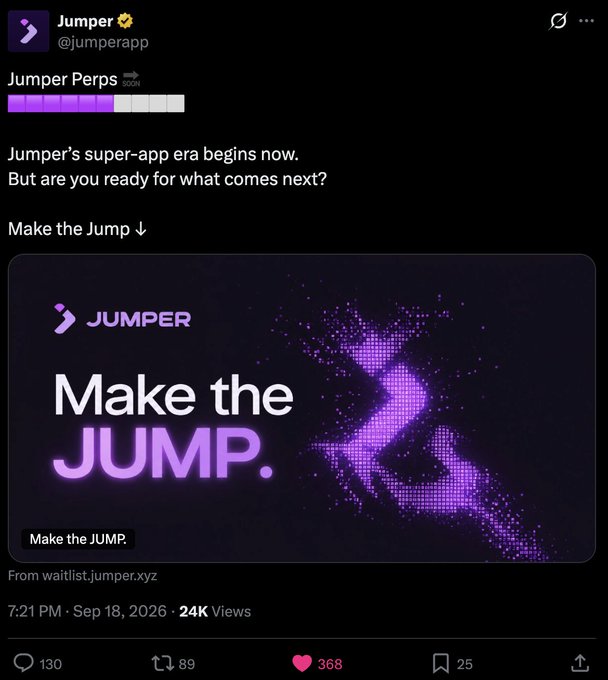 A tweet from @jumperapp announcing "Jumper Perps" with the text "Jumper's super-app era begins now. But are you ready for what comes next? Make the Jump ↓" alongside a promotional graphic displaying the Jumper logo and "Make the JUMP." with a link to waitlist.jumper.xyz, posted at 7:21 PM on Sep 18, 2026 with 24K views, 130 comments, 89 reposts, 368 likes, and 25 bookmarks—aligning with the caption's excitement about the launch of a perp super-app and waitlist signup.