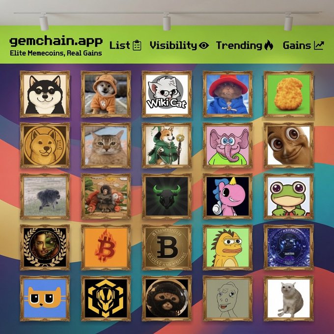 Website screenshot for 'gemchain.app' describing 'Elite Memecoins, Real Gains' with navigation for List, Visibility, Trending, and Gains, displaying a grid of 25 framed meme coin characters.