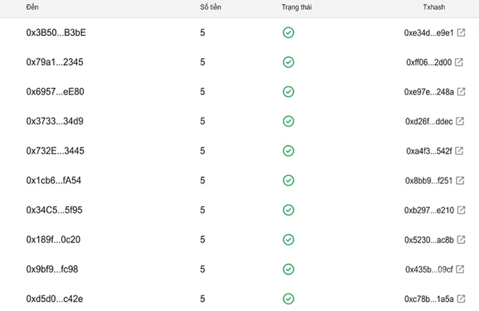 The image shows a transaction list with 10 completed transfers, each involving 5 recipients, with addresses like 0x3B50...B3bE and 0x79a1...2345, along with their corresponding transaction hashes. This visually confirms the giveaway mentioned in the post, displaying the on-chain USDT transfers sent on the BSC network to the 10 winning brothers.