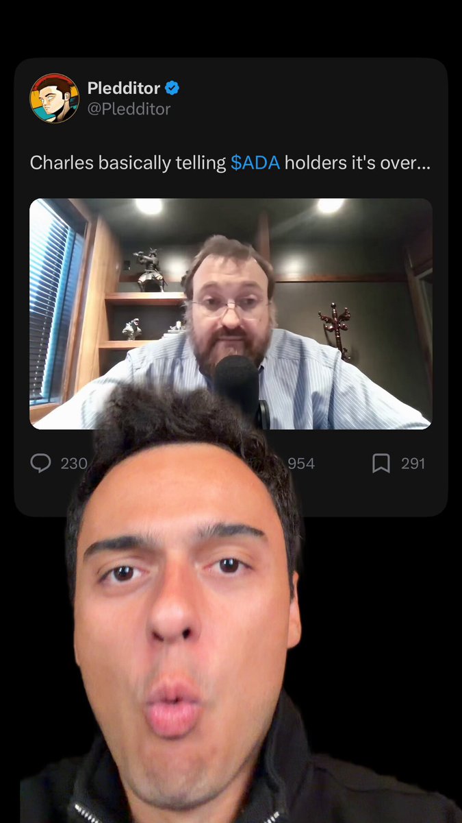 The image features a man making a funny face, with his mouth open wide as if he's making a silly or cheeky comment. The caption of the image includes a link to an article about a founder of $ADA named "No Way... The Founder of $ADA Just Exposed He has no power over Cardano?". This post seems to be related to the conversation between Charles and the founder, as they are discussing the founder's influence on the cryptocurrency market.