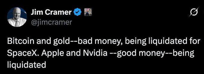 The image features a Twitter post by Jim Cramer discussing his thoughts about Bitcoin, gold, Apple, and Nvidia. The post includes a quote from Jim Cramer that reads "Insight: Jim Cramer believes investors are selling Bitcoin, gold, Apple, and Nvidia to buy SpaceX." This quote is accompanied by an image of the tweet's creator, Jim Cramer, who has posted his thoughts on Twitter about these assets.
